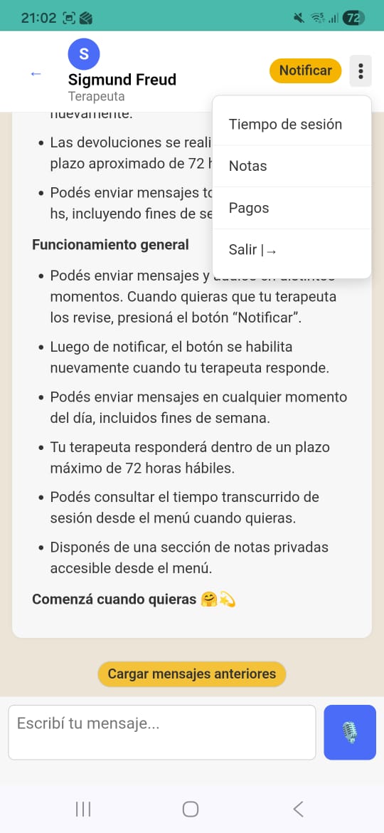 Menú de opciones dentro del chat de MTM